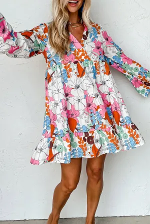 White Floral Long Sleeve V-Neck Ruffled Dress