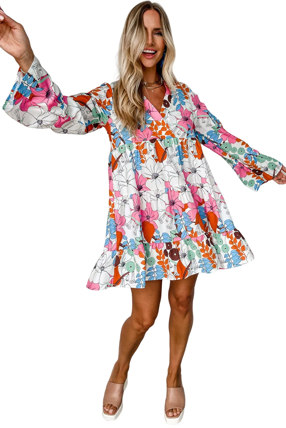 White Floral Long Sleeve V-Neck Ruffled Dress