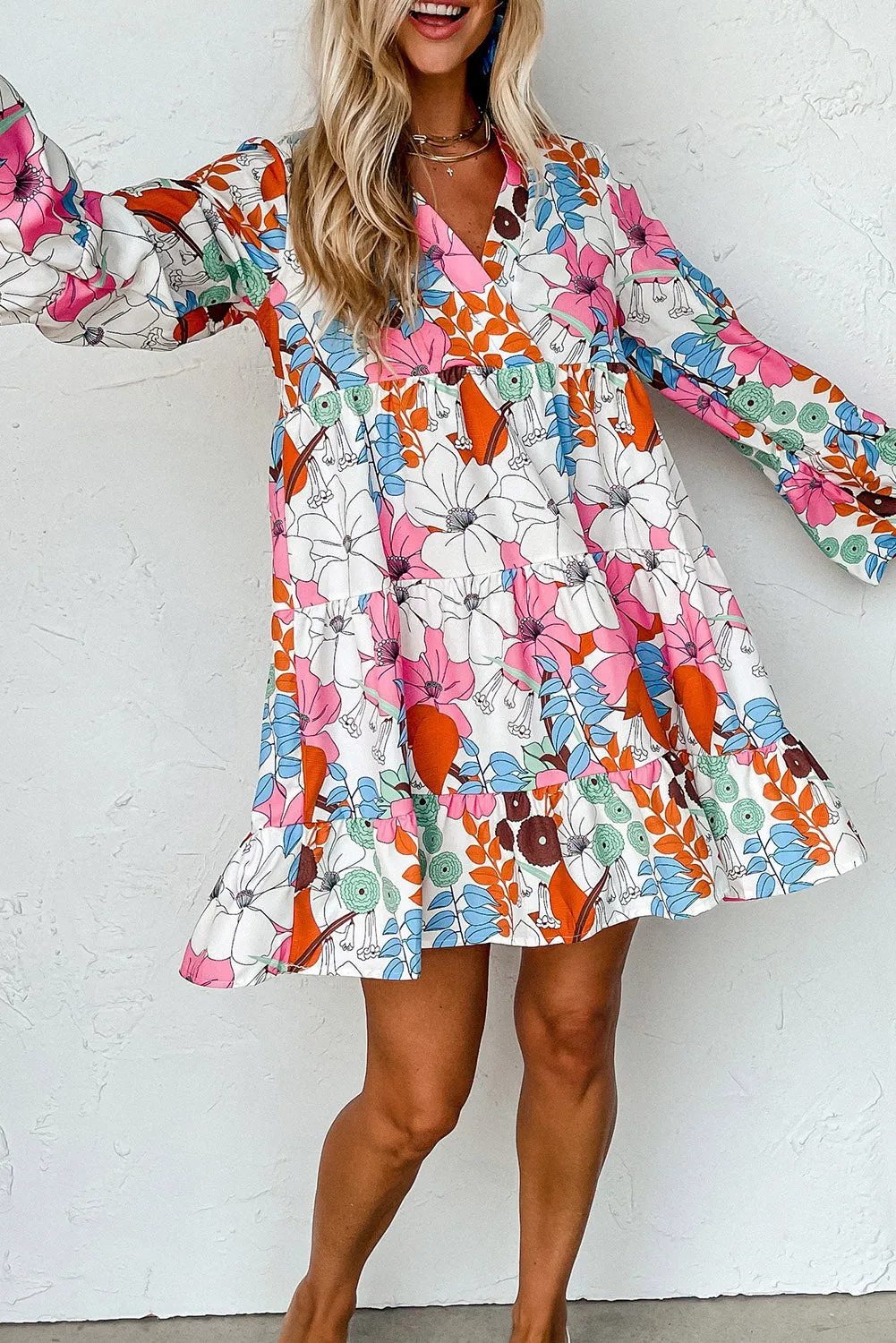 White Floral Long Sleeve V-Neck Ruffled Dress