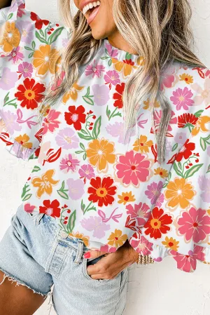 White Floral Ruffled Edge Kimono Sleeve Blouse