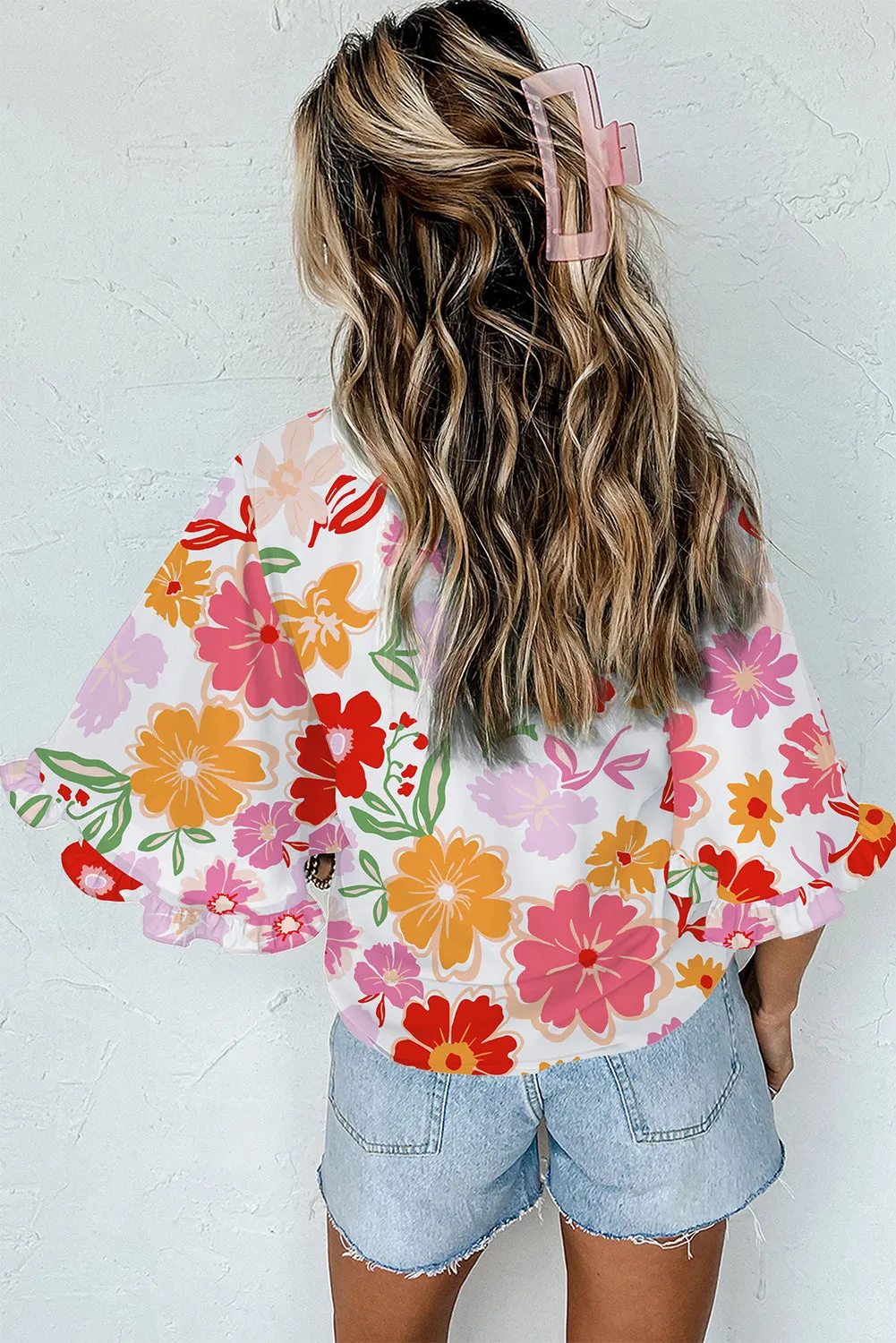 White Floral Ruffled Edge Kimono Sleeve Blouse