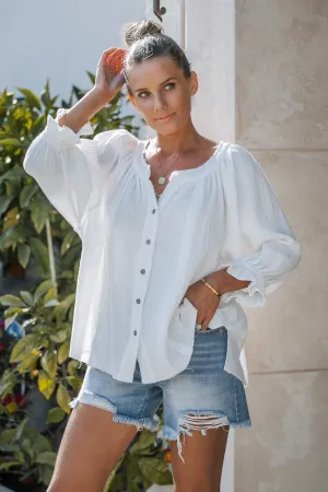 WHITE RUFFLED SLEEVE COTTON BLOUSE