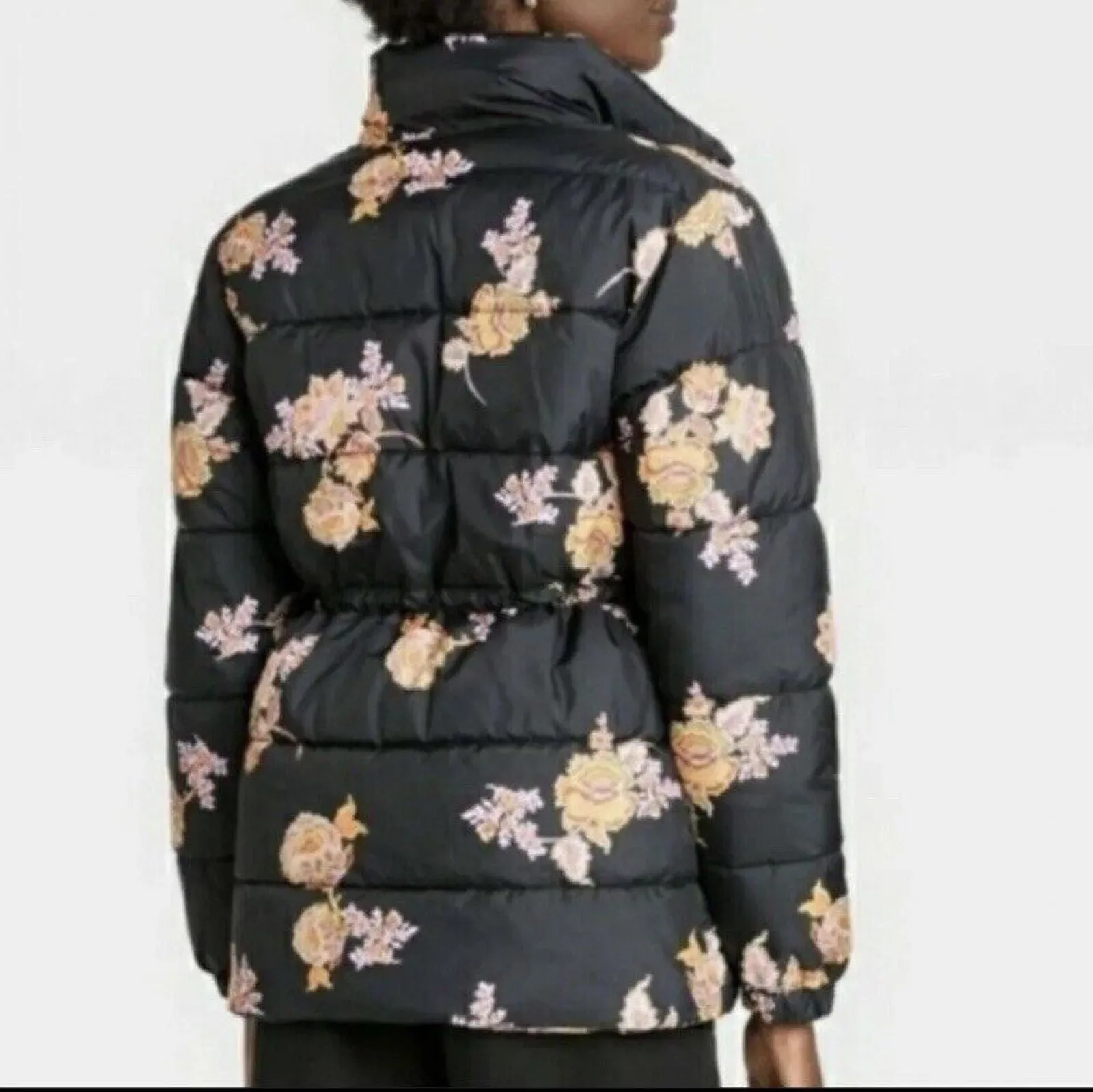 Who What Wear Womens Drawstring Puffer Coat Black Floral S
