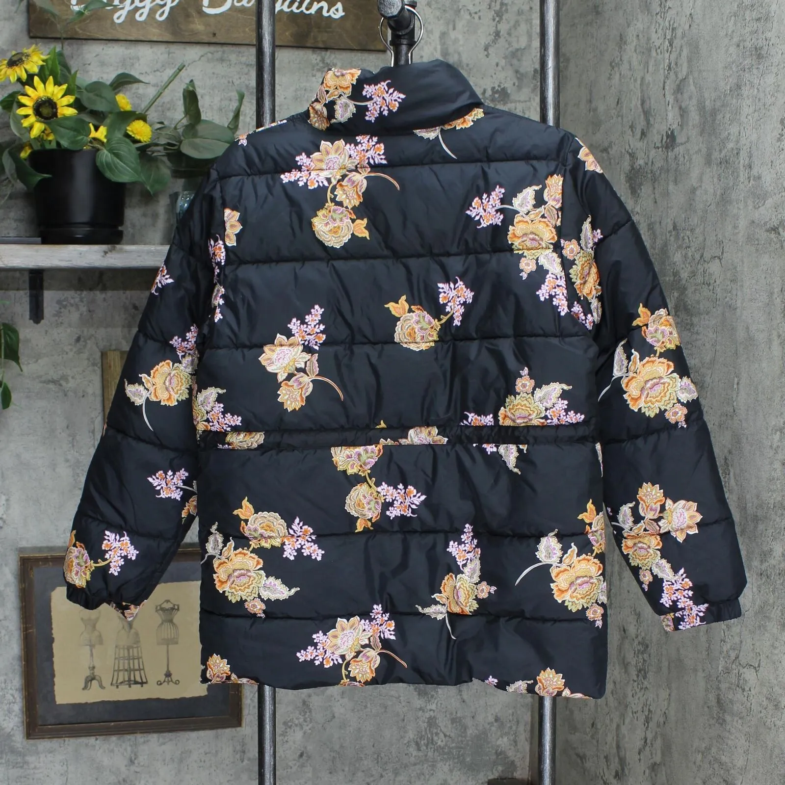 Who What Wear Womens Drawstring Puffer Coat Black Floral S