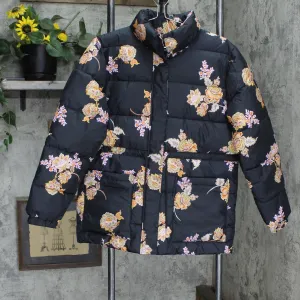 Who What Wear Womens Drawstring Puffer Coat Black Floral S