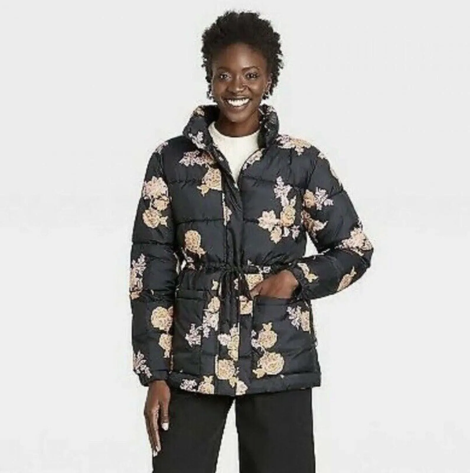 Who What Wear Womens Drawstring Puffer Coat Black Floral S