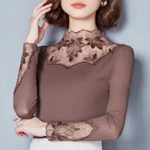 Women Blouse/Casual Long Sleeve Patchwork Spliced Turtleneck Tops