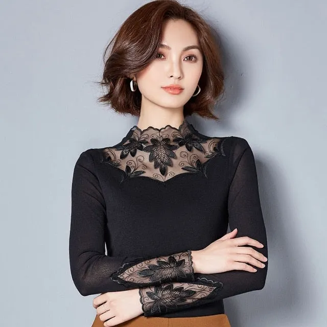 Women Blouse/Casual Long Sleeve Patchwork Spliced Turtleneck Tops