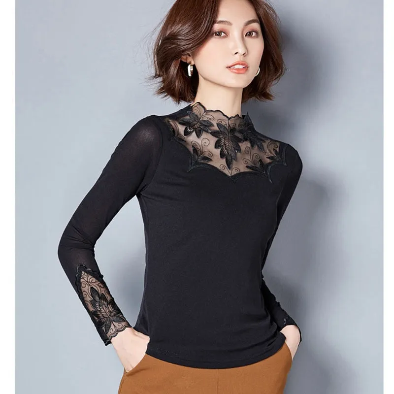 Women Blouse/Casual Long Sleeve Patchwork Spliced Turtleneck Tops