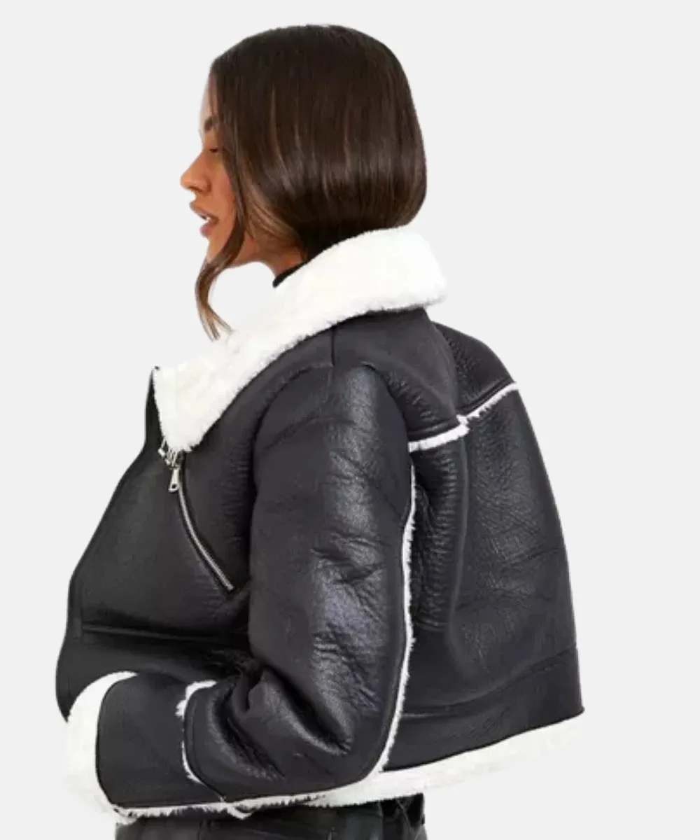 Women Cropped Leather Shearling Jacket