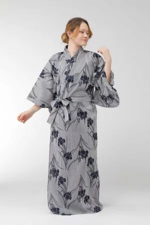 Women Iris & Stripe Cotton Yukata Kimono