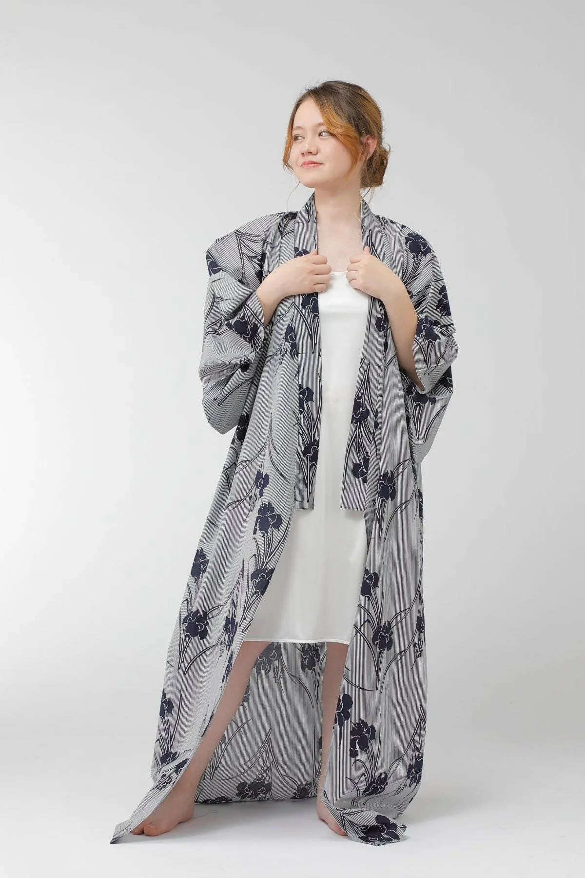 Women Iris & Stripe Cotton Yukata Kimono