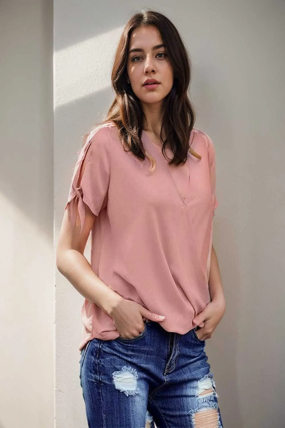 women s blouses loose solid belted long sleeve blouse