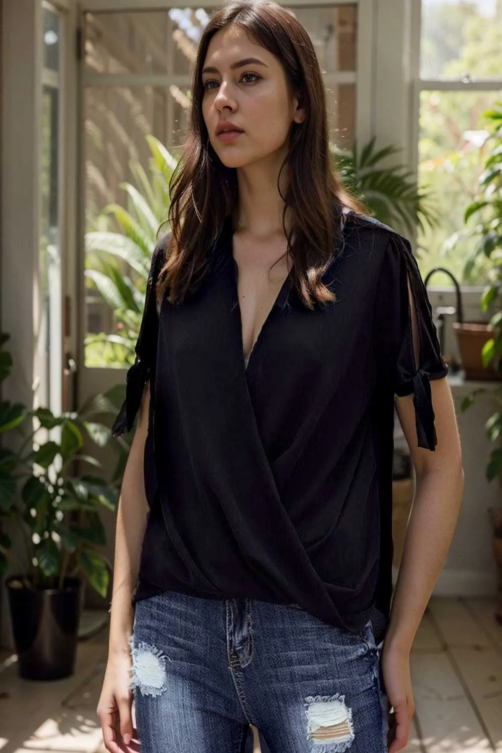 women s blouses loose solid belted long sleeve blouse