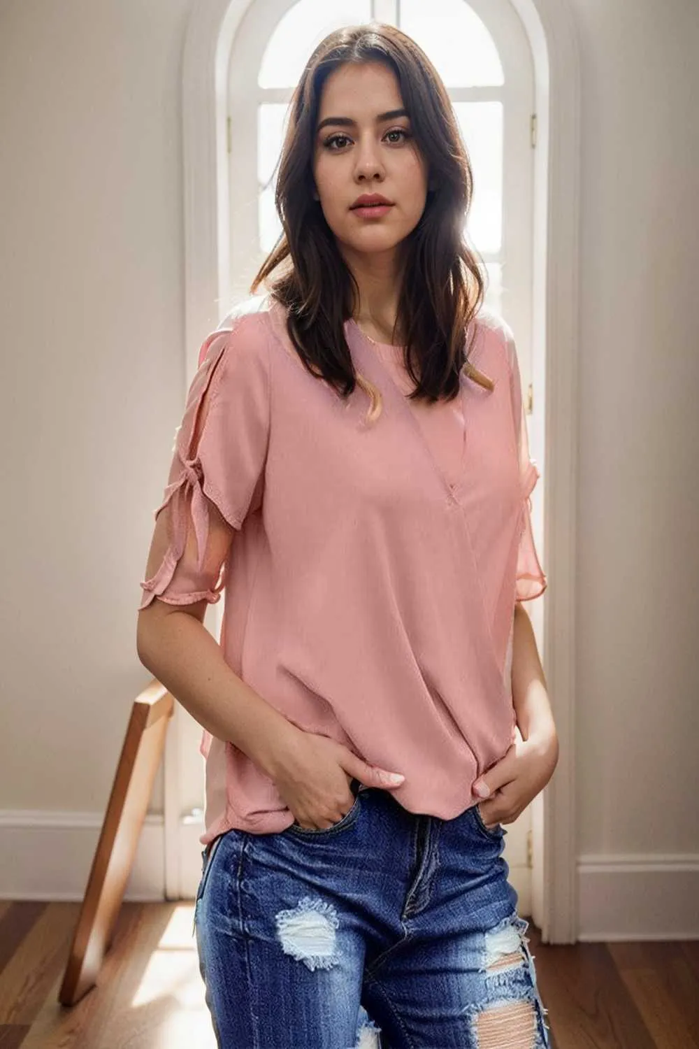 women s blouses loose solid belted long sleeve blouse