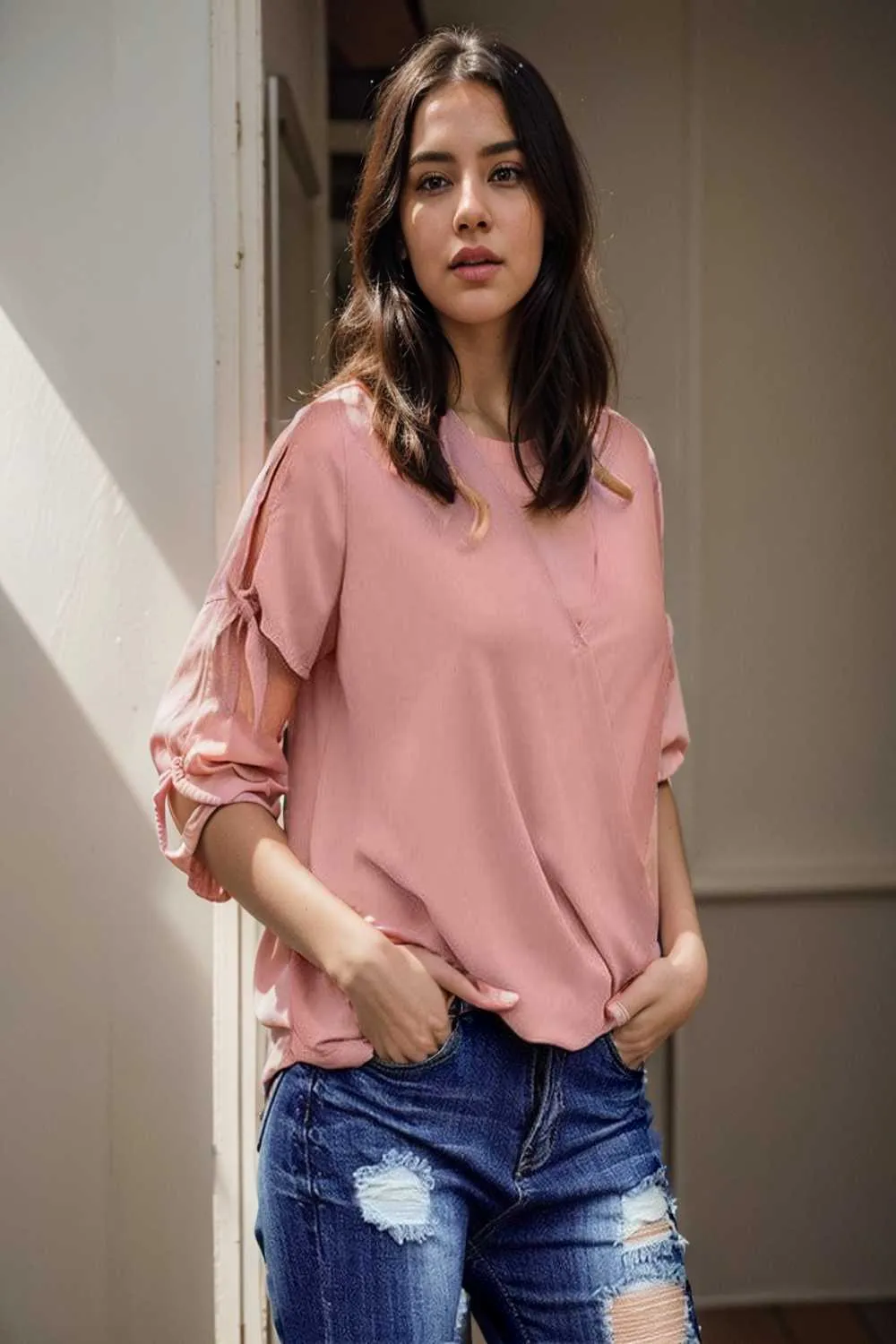 women s blouses loose solid belted long sleeve blouse