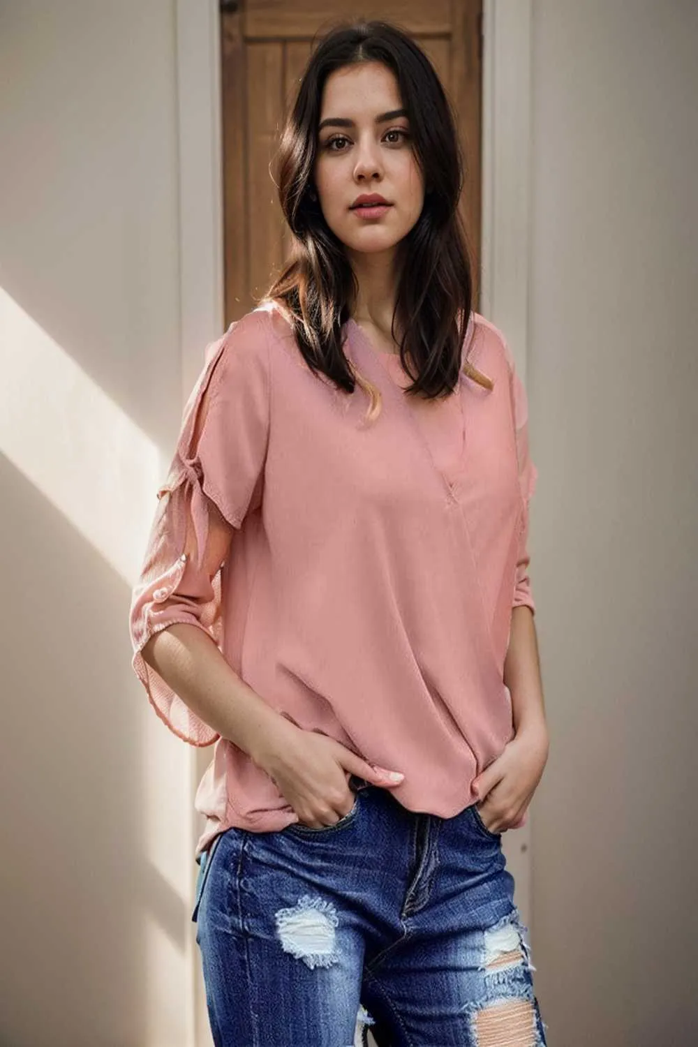 women s blouses loose solid belted long sleeve blouse
