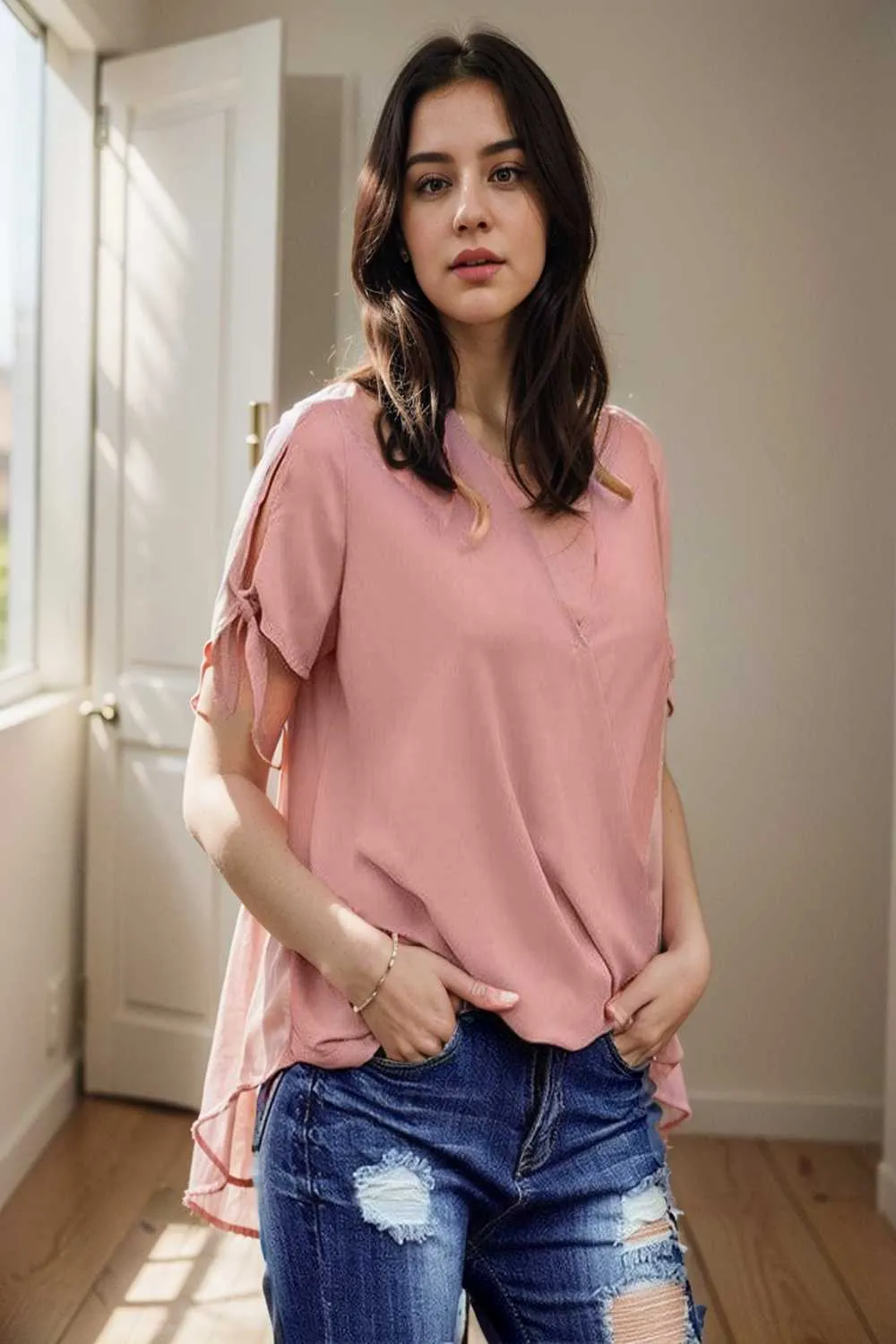 women s blouses loose solid belted long sleeve blouse