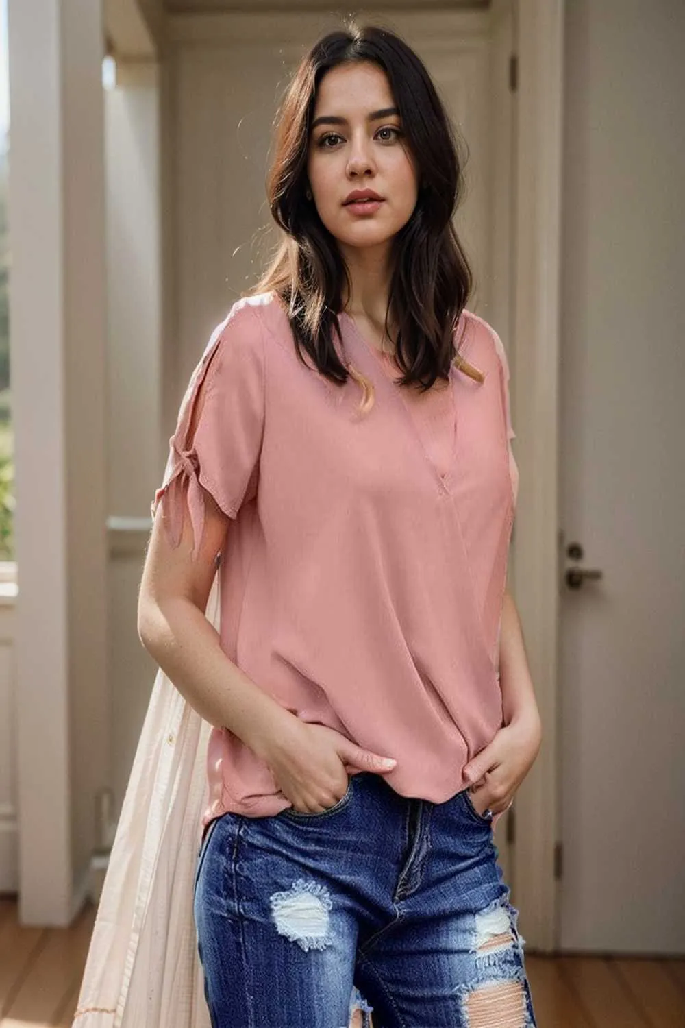 women s blouses loose solid belted long sleeve blouse