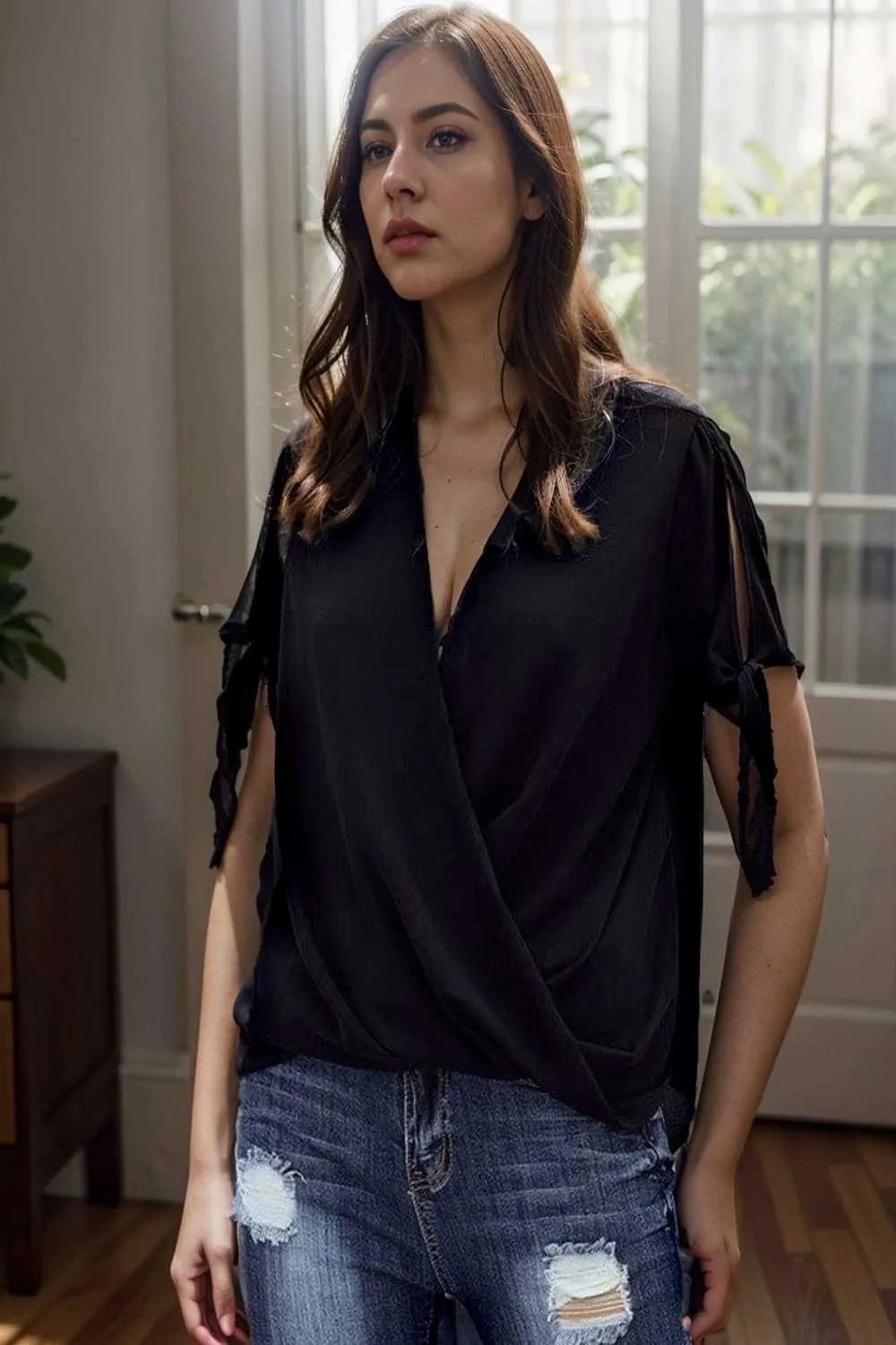 women s blouses loose solid belted long sleeve blouse