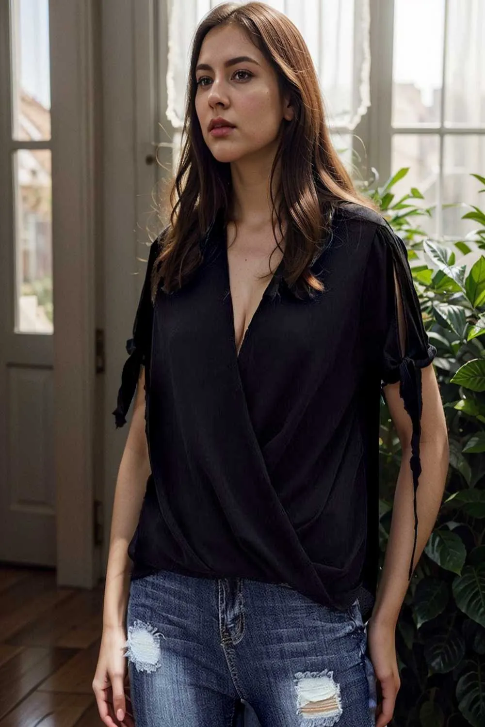 women s blouses loose solid belted long sleeve blouse