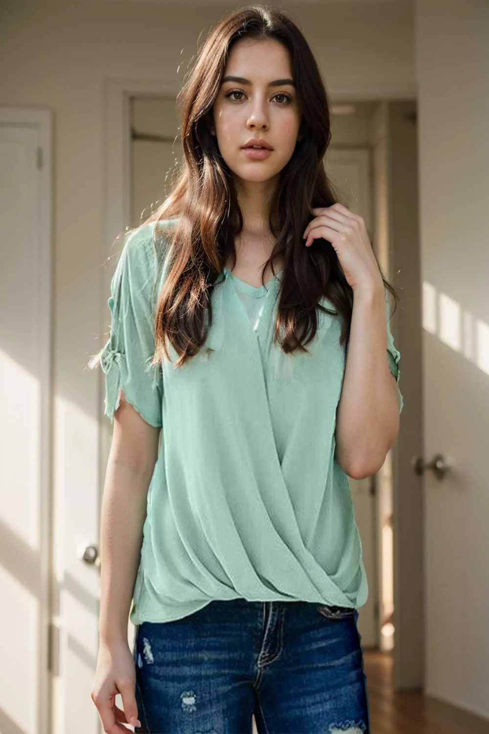 women s blouses loose solid belted long sleeve blouse