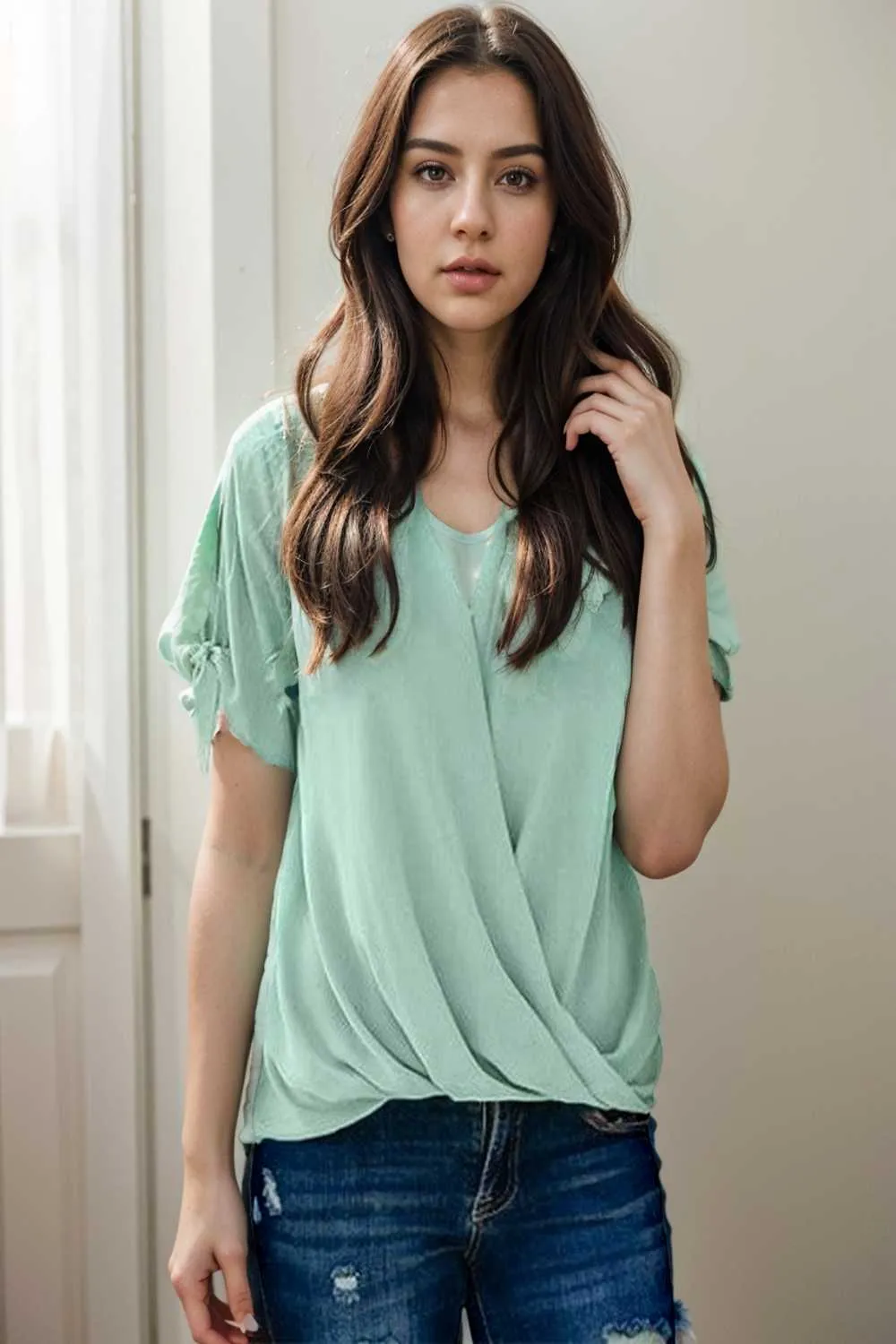 women s blouses loose solid belted long sleeve blouse