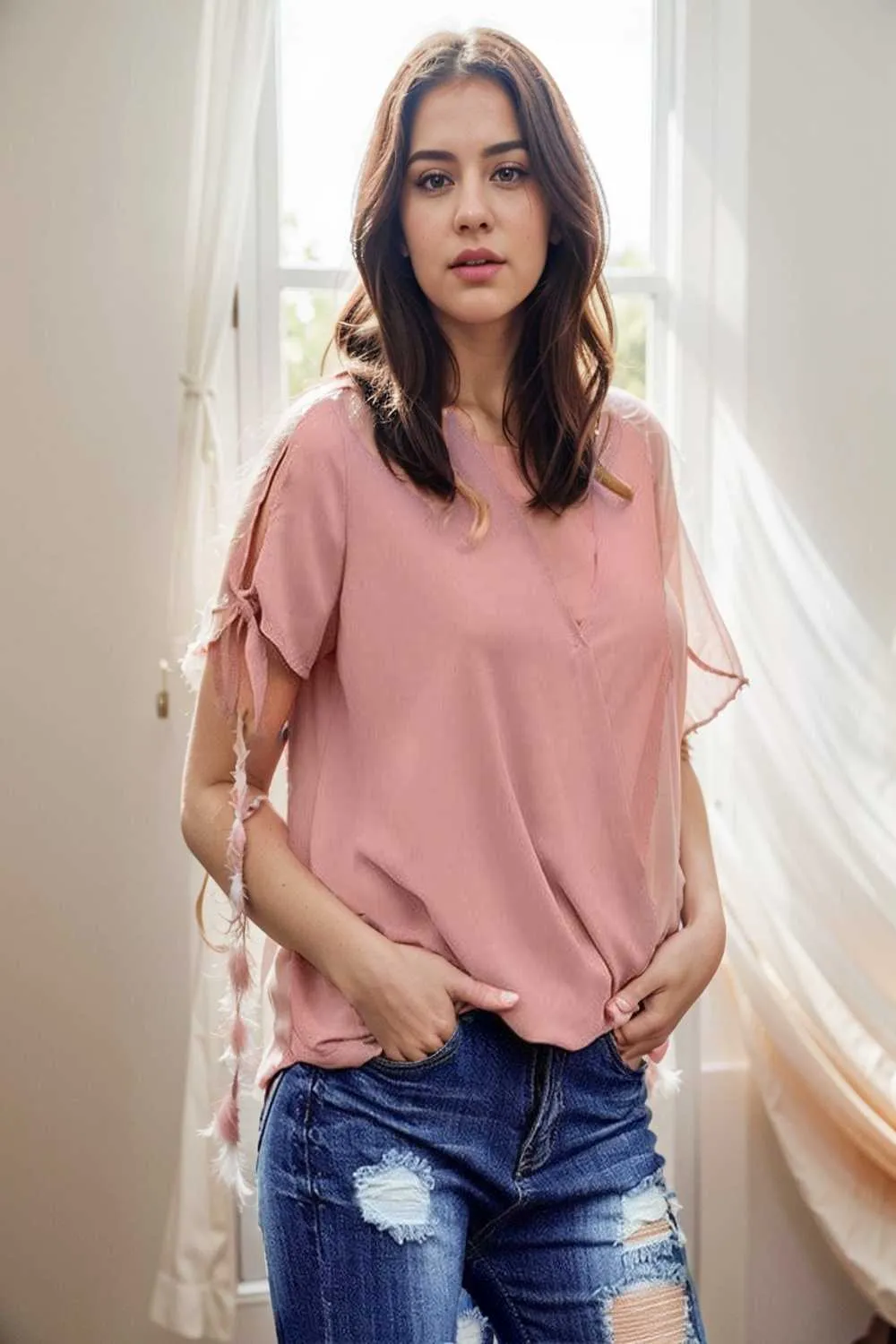 women s blouses loose solid belted long sleeve blouse