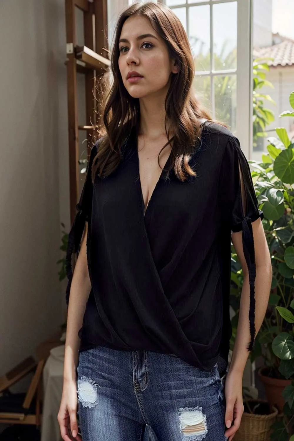 women s blouses loose solid belted long sleeve blouse