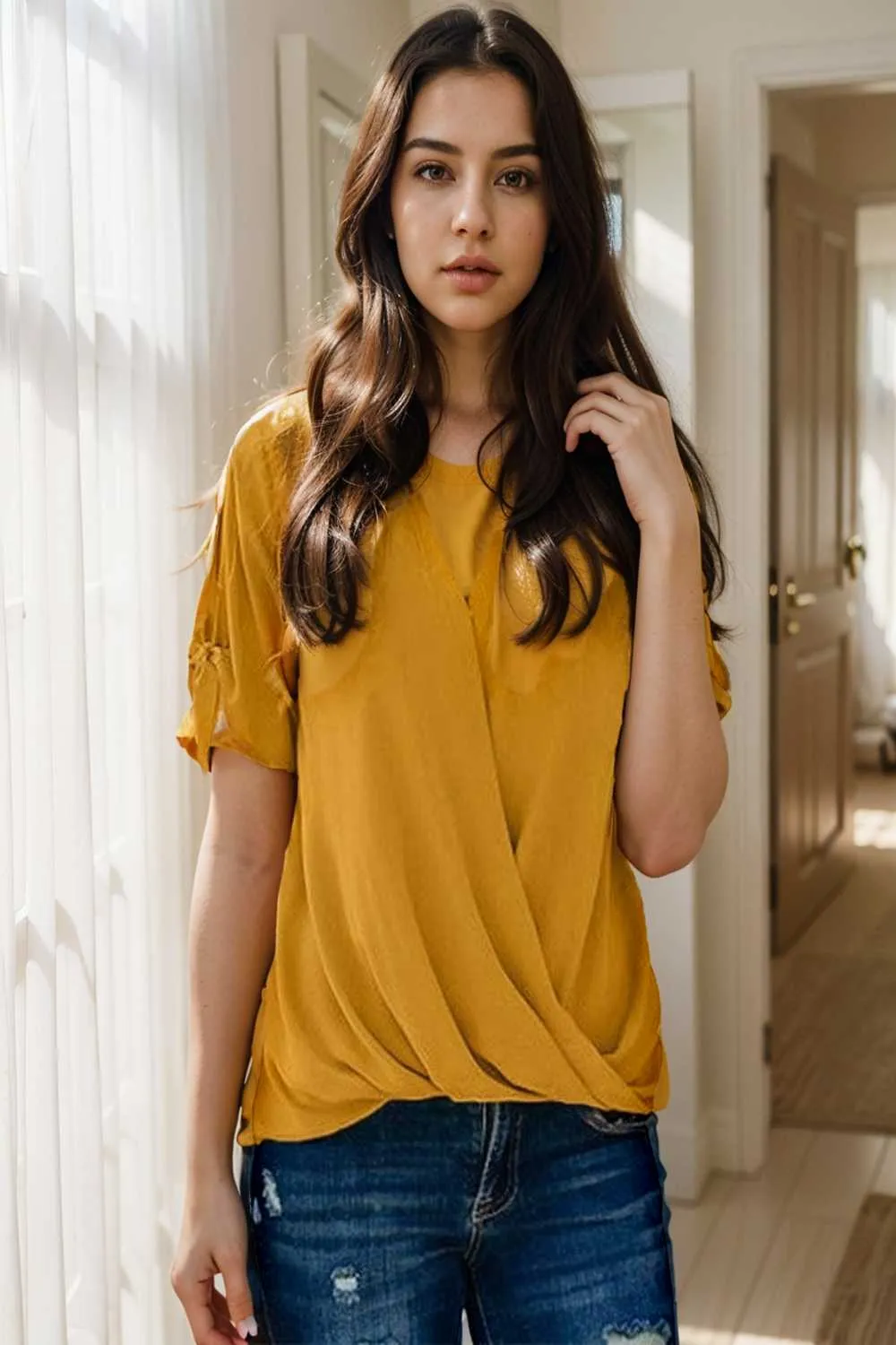 women s blouses loose solid belted long sleeve blouse