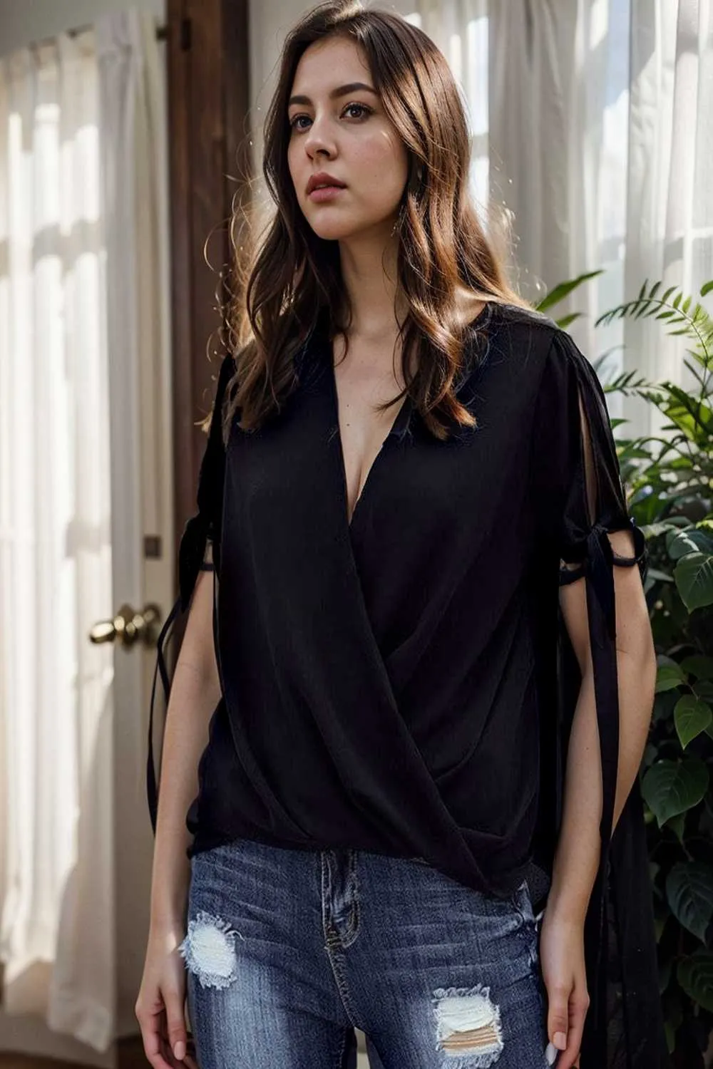 women s blouses loose solid belted long sleeve blouse