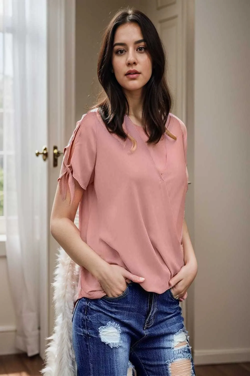 women s blouses loose solid belted long sleeve blouse