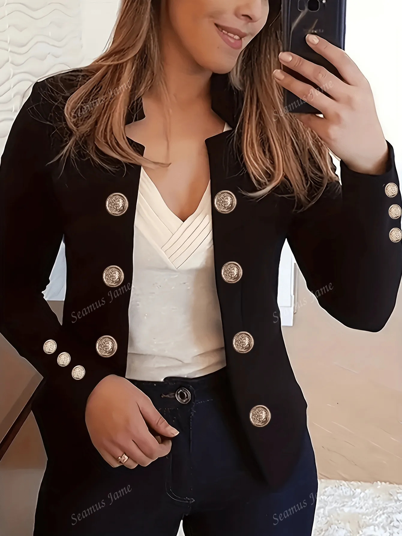 Women Solid Color Button Down Long Sleeve Jacket, Spring & Fall