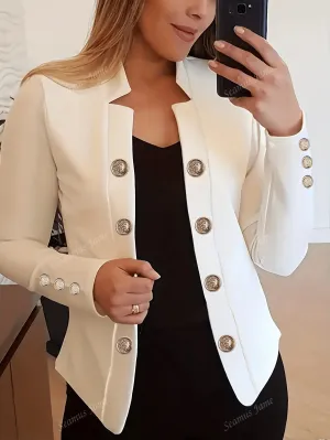 Women Solid Color Button Down Long Sleeve Jacket, Spring & Fall