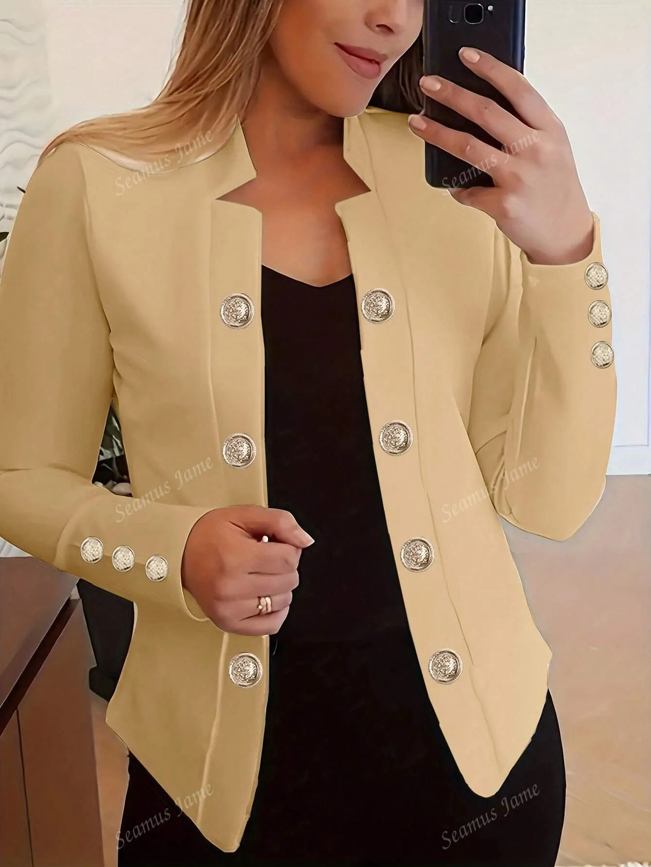 Women Solid Color Button Down Long Sleeve Jacket, Spring & Fall