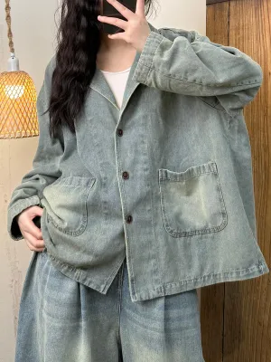 Women Vintage Spring Turn-down Collar Denim Coat