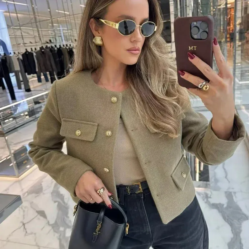Women's Cropped Button Jacket Long Sleeve Elegant Outerwear