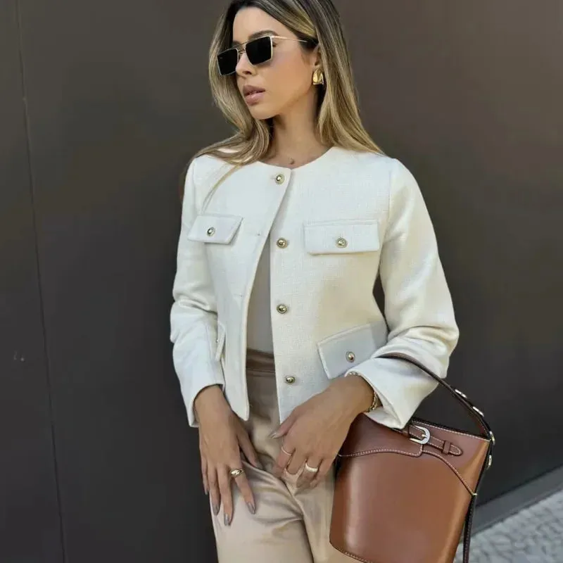 Women's Cropped Button Jacket Long Sleeve Elegant Outerwear