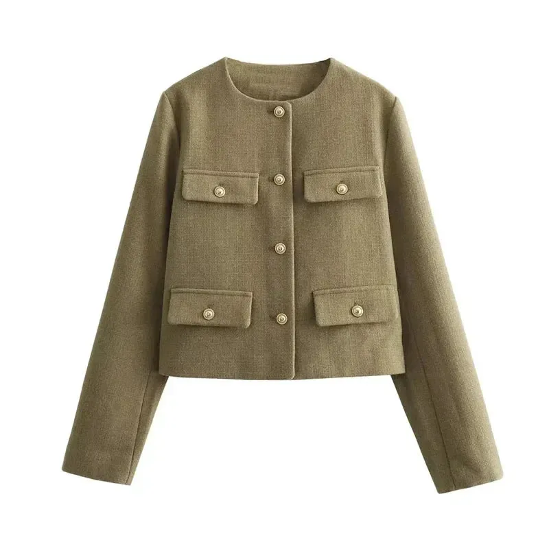 Women's Cropped Button Jacket Long Sleeve Elegant Outerwear