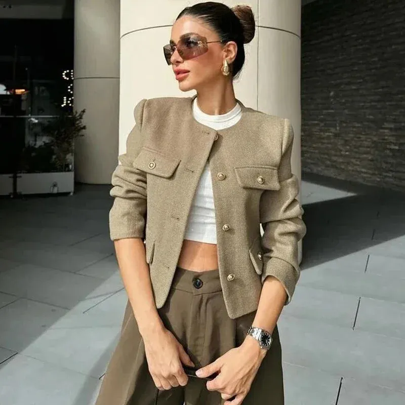 Women's Cropped Button Jacket Long Sleeve Elegant Outerwear