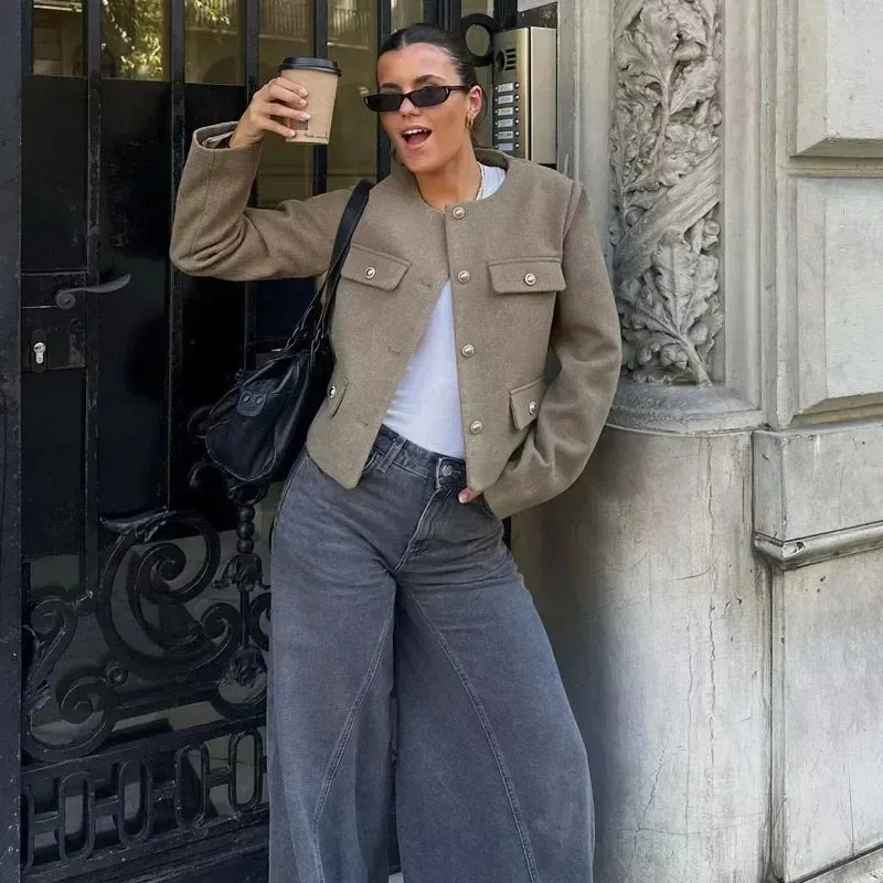 Women's Cropped Button Jacket Long Sleeve Elegant Outerwear