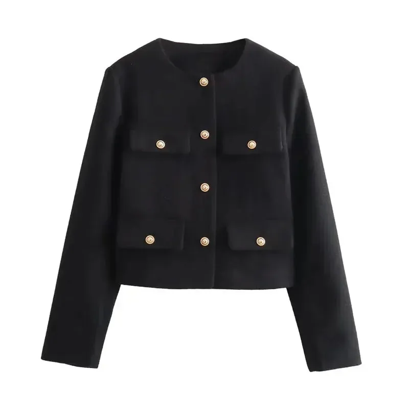 Women's Cropped Button Jacket Long Sleeve Elegant Outerwear