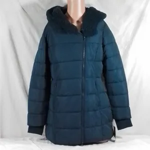 Women's Cuddl Duds Long Hooded Puffer Coat - Denim Blue - Medium - NWT