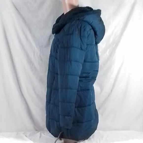 Women's Cuddl Duds Long Hooded Puffer Coat - Denim Blue - Medium - NWT