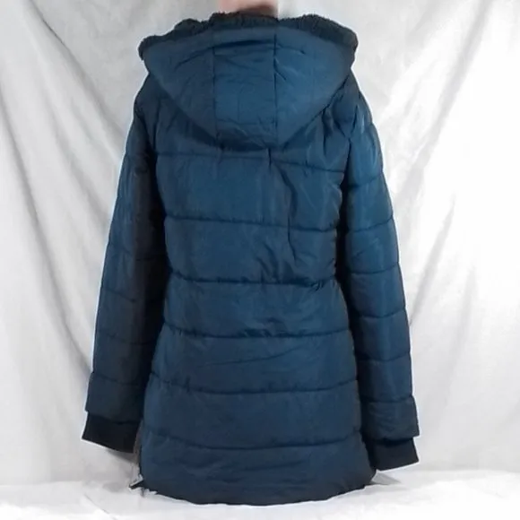 Women's Cuddl Duds Long Hooded Puffer Coat - Denim Blue - Medium - NWT