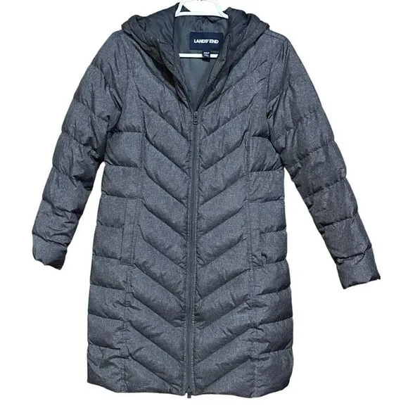 Women’s Lands' End Down Line Heather Grey Puffer Coat Size Petite Small