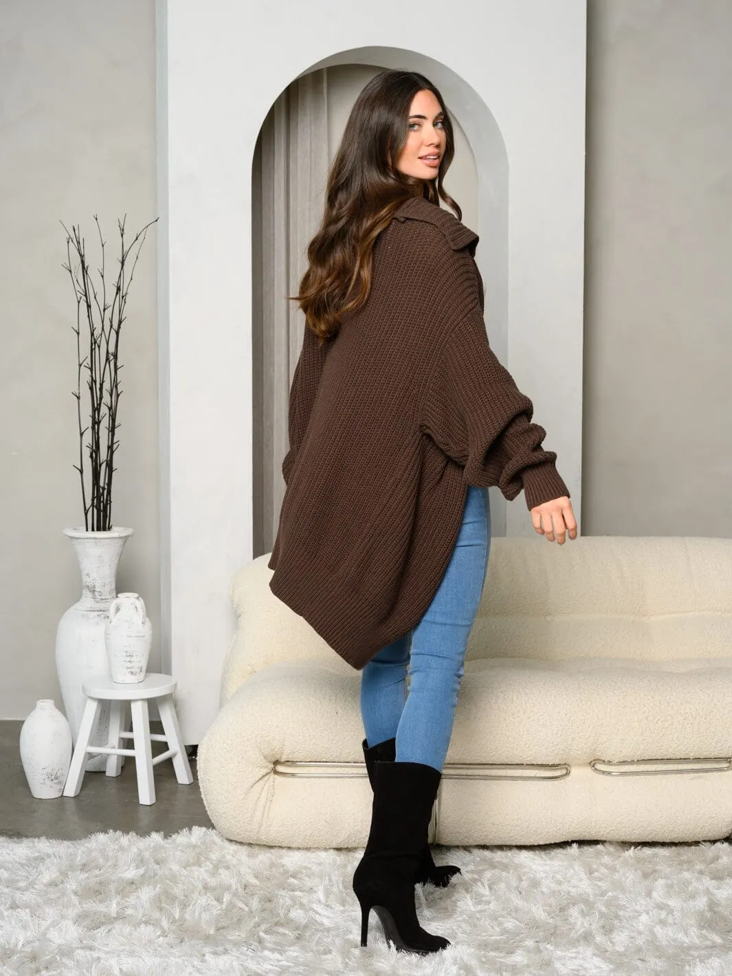 WOMEN'S LONG SLEEVE COLLAR BUTTON CLOSURE OVERSIZE CARDIGAN