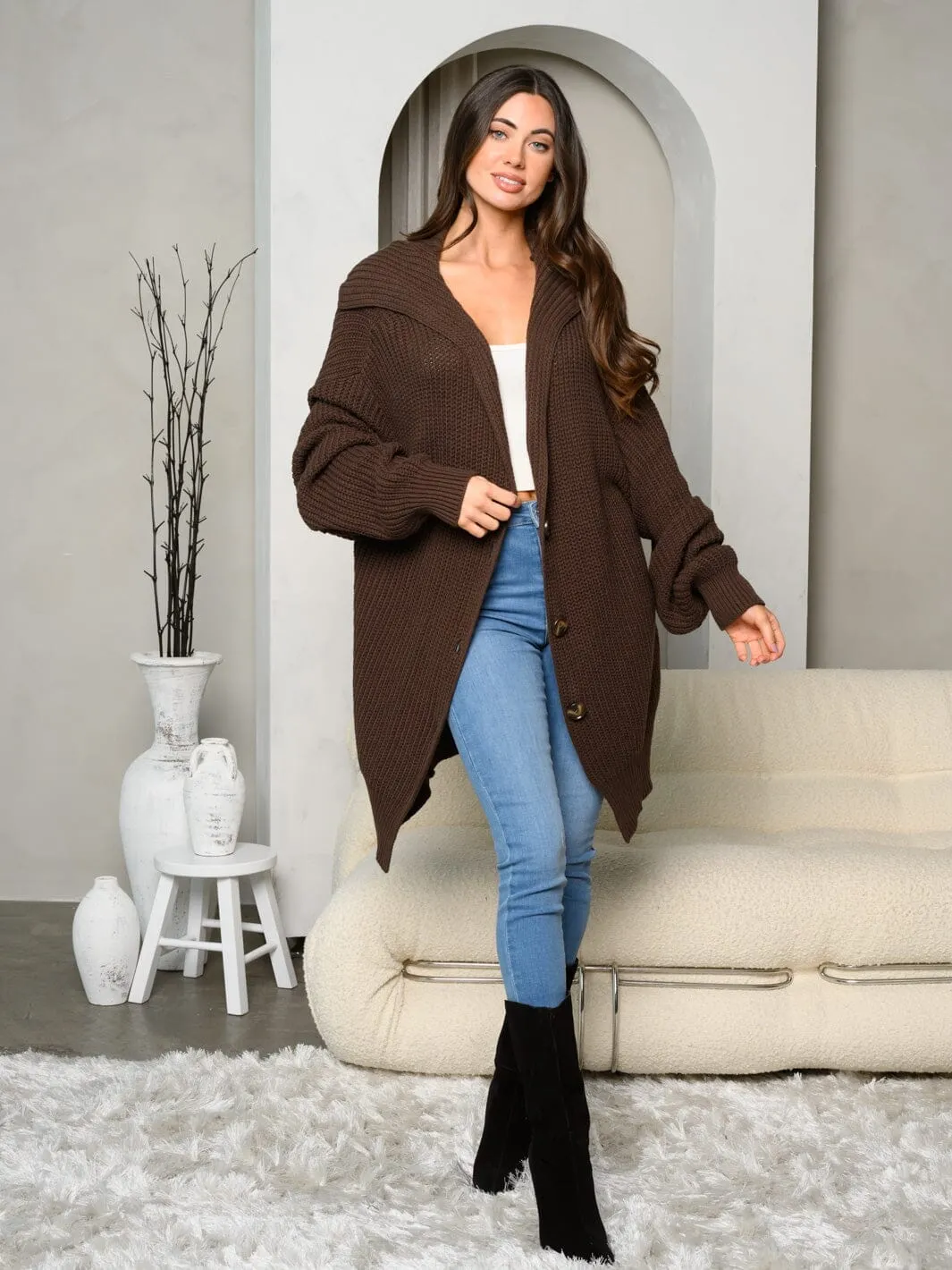 WOMEN'S LONG SLEEVE COLLAR BUTTON CLOSURE OVERSIZE CARDIGAN