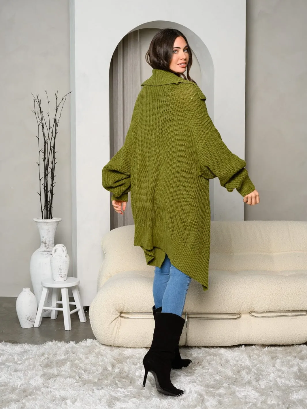 WOMEN'S LONG SLEEVE COLLAR BUTTON CLOSURE OVERSIZE CARDIGAN