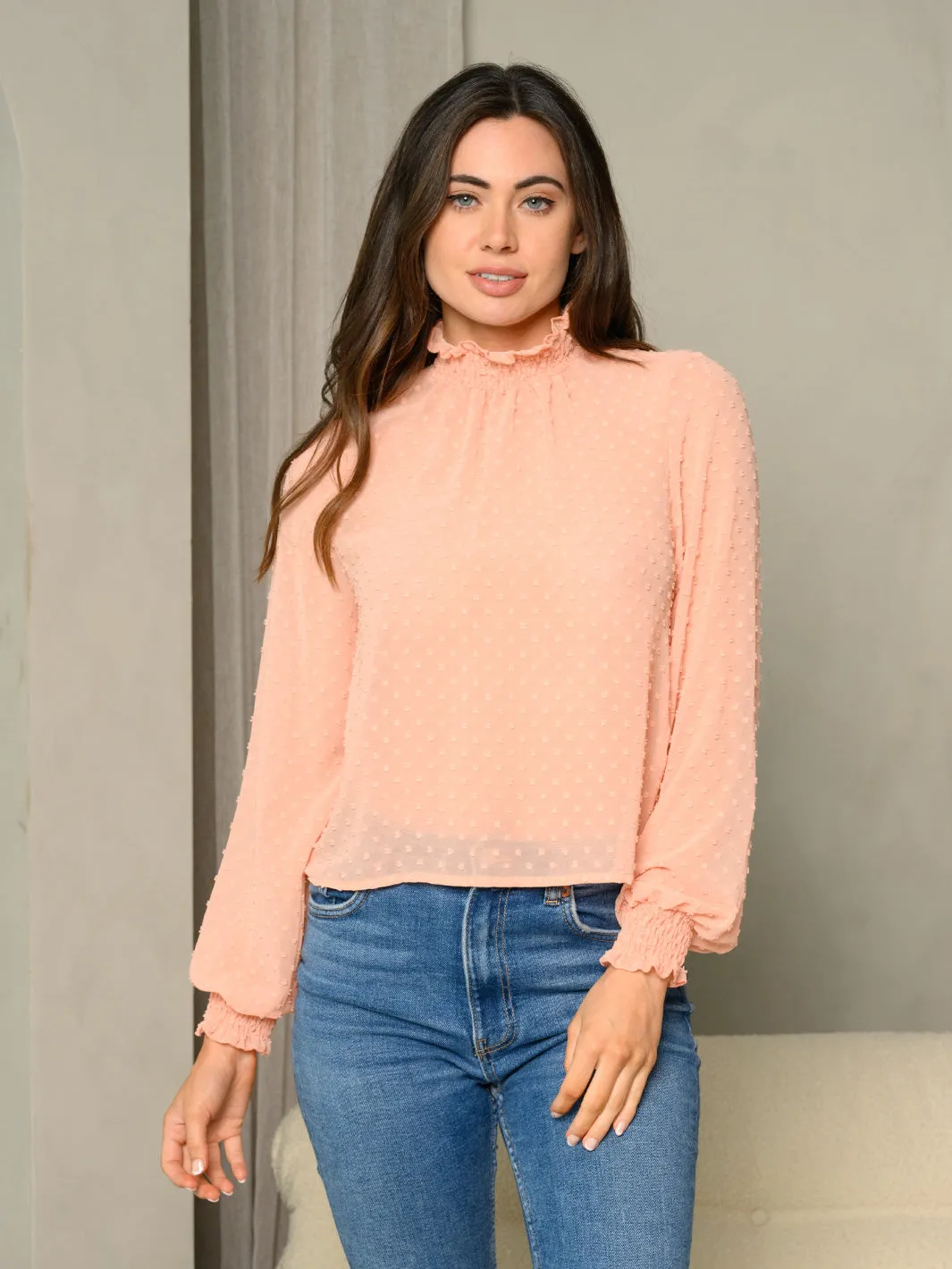 WOMEN'S LONG SLEEVE MOCK NECK SWISS DOTS TOP
